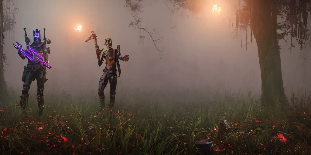 Image similar to inside of strange misty swamp landscape a gamekeeper wearing a steampunk and neonpunk mechanical fluorescent mystical animal mask and red hood. in style of fornite game. night fog,, beautiful render, octane render