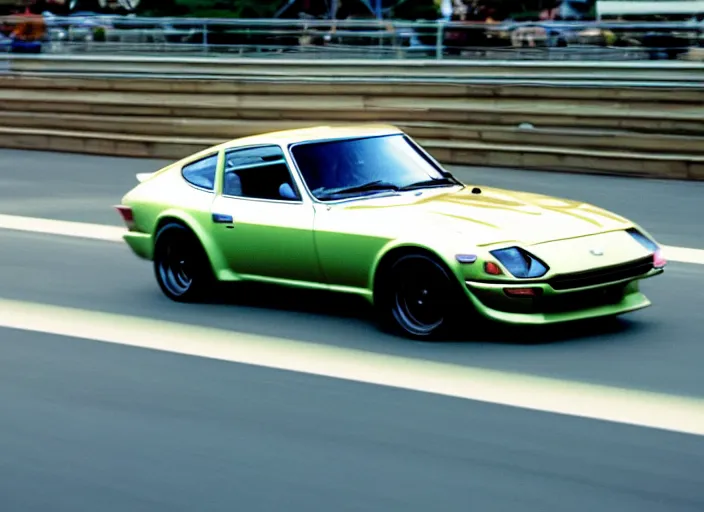 Image similar to Datsun 240z Nissan S30 Fairlady Z racing down high way night time japan film photo motion blur front side view ((((Wadim Kashin Wenjun Lin))))