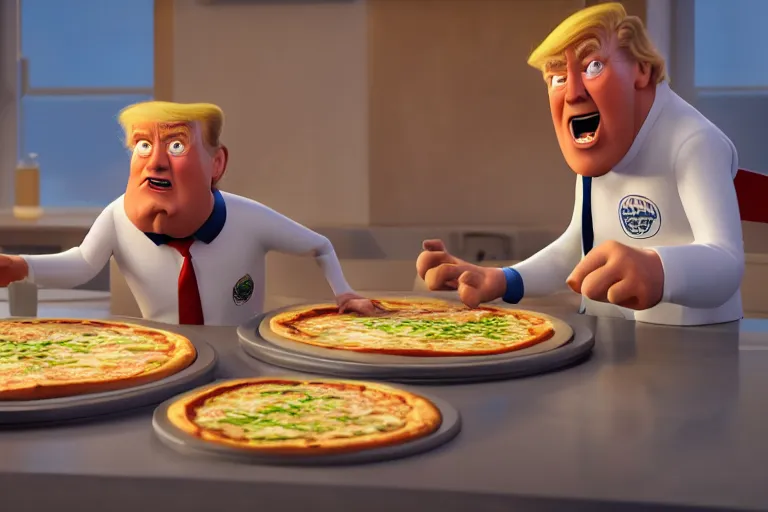 Image similar to still from a pixar movie of trump making a pizza, high quality 3 d render, movie, pixar, renderman, 4 k, artstation