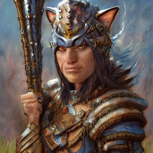 Image similar to Cat warrior fantasy D&D, portrait art by Donato Giancola and James Gurney, digital art, trending on artstation