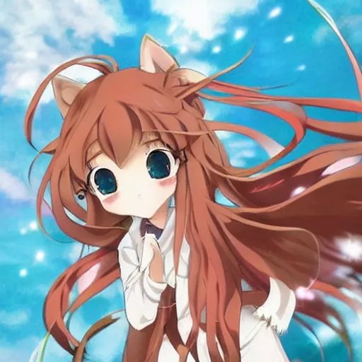 Image similar to overjoyed Holo!!!!!!!!!!!! from Spice_and_Wolf!!!!!!!!!!!!!!!!!!!, Ookami to Koushinryou, key visual, official media, highly detailed