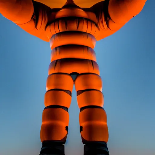 Image similar to photo of a giant orange colored glowing humanoid of one thousand feet of height