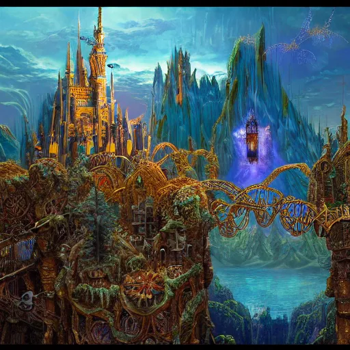 Prompt: A digital intricate masterpiece illustration concept art of a mighty steampunk disney castle with its top in the heaven, taiga landscape + inspired art by Bruce Pennington, Ted Naismith, Daniel Merriam + symmetry + intricate complexity, epic composition, magical atmosphere, highly detailed, cinematic lighting + wide long shot, wide angle + trending on artstation + 8k