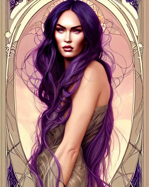 Prompt: new art nouveau portrait of fantasy goddess megan fox in the style of anna dittmann, patrick nagle, charlie bowater and loish. long windblown hair, very large, clear, expressive, and intelligent eyes. symmetrical, centered, ultrasharp focus, dramatic lighting, photorealistic digital matte painting, intricate ultra detailed background.
