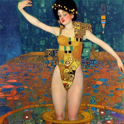 Prompt: portrait of a surreal goddess floating in front of a futuristic ancient Atlantis, painting by Gustav Klimt and Gil Elvgren