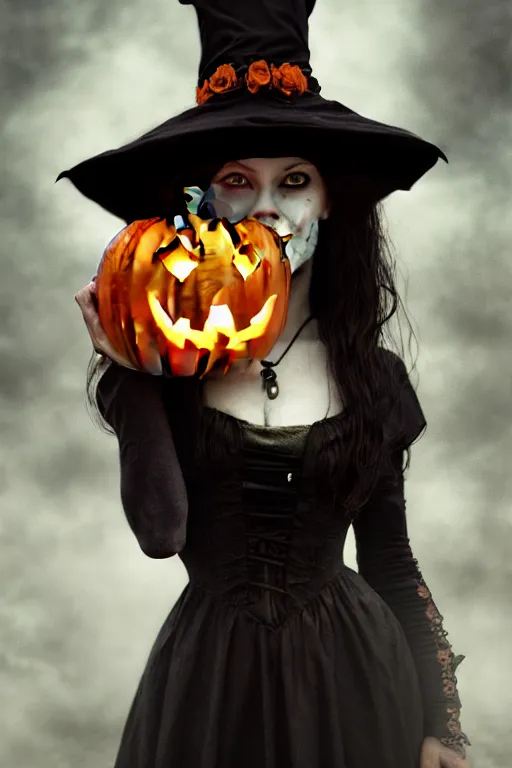 Prompt: portrait of a ghoulish victorian witch dark cheekbones holding a jack - o - lantern, halloween night, charlie bowater, artgerm, ilya kuvshinov, krenz cushart, ruan jia, realism, ultra detailed, 8 k resolution