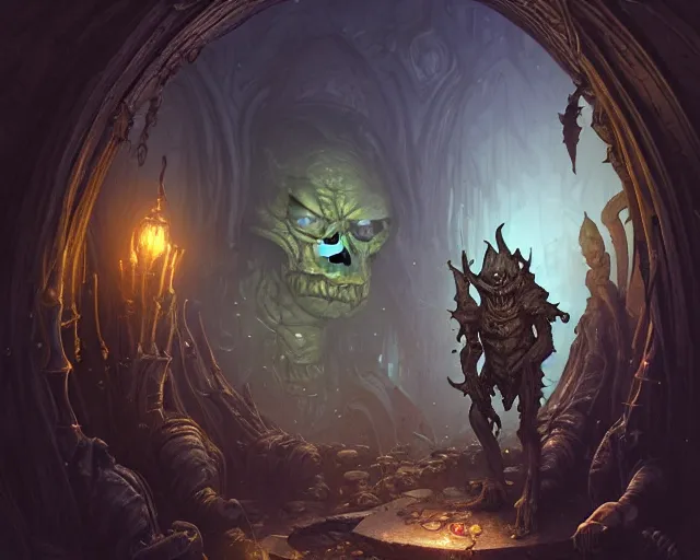 Image similar to 4 k cinematic still portrait of a goblin in a dark liminal space room, nurgle, deep focus, d & d, fantasy, intricate, repulsive, highly detailed, digital art, art station, concept art, matte, sharp focus, illustration, dark fantasy art, hearthstone, art by artgerm and greg rutkowski and alphonse mucha