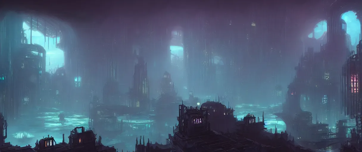 Image similar to digital painting of an underwater dystopian city, rapture from bio shock, style of Ralph Mcquarrie, concept art, high angle, high detail, cold lighting, dark, vivid, beautiful, caustics, trending on artstation, by Jordan grimmer, no focus, huge scene