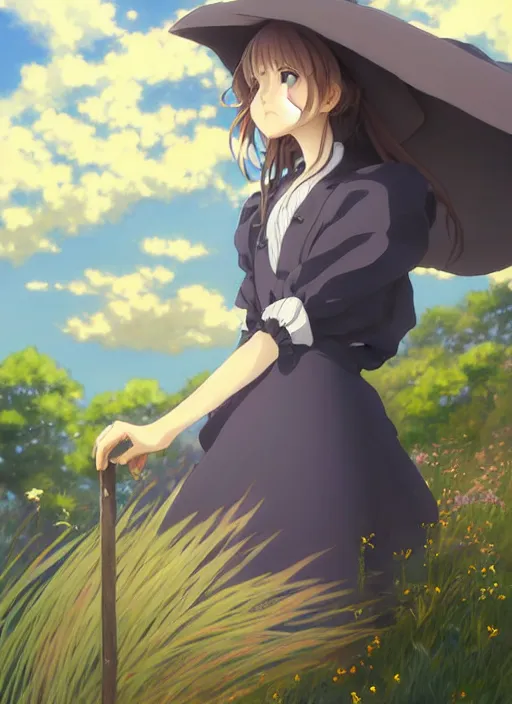 Image similar to Painting of a cottagecore witch in the style of Violet Evergarden, beautiful anime art style, winged eyelashes, countryside, calm, fantasy character portrait, dark outlines, dynamic pose, above view, sunny day, artwork by Makoto Shinkai, very coherent asymmetrical artwork, sharp edges, perfect face, simple form, 100mm