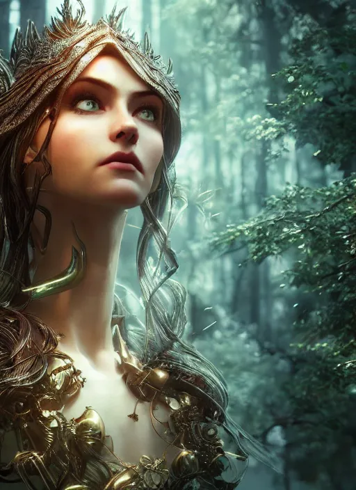 Prompt: stunning biomechanical impish elven incredible hair, masterpiece crystalline incrustations, hyperdetailed face, elegant pose, movie still, intricate, octane render, cinematic forest lighting, cgsociety, unreal engine, crepuscular rays, god rays