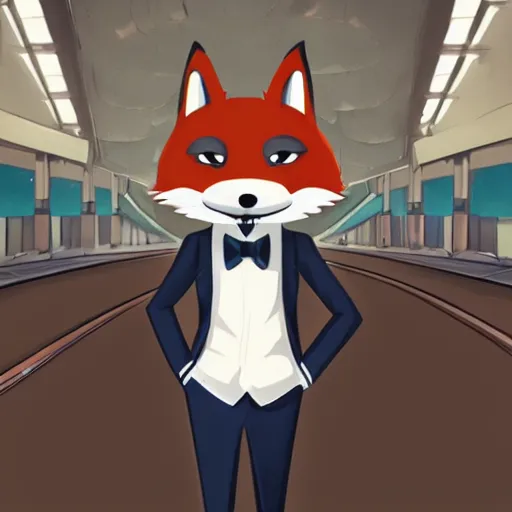 Prompt: anthropomorphic furry fox wearing a tuxedo stands on a train station ,detailed, Artstation