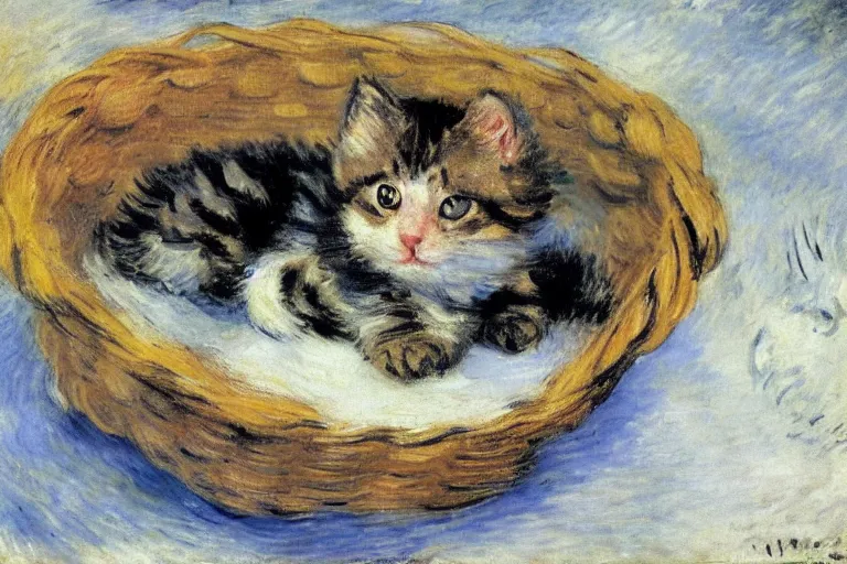 Image similar to a perishing cute kitten coiled up in a basket outside by a snowy day, snow everywere, snowy landscape, by Monet, Manet, Renoir