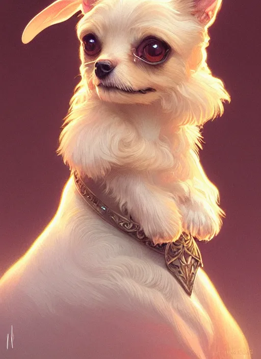 Image similar to symmetry!! portrait of a small cute dog, dnd, intricate, elegant, highly detailed, digital painting, artstation, concept art, smooth, sharp focus, illustration, art by artgerm and greg rutkowski and alphonse mucha