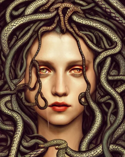 Image similar to beautiful insanely detailed color portrait of a dark and mysterious Medusa with all snake heads looking toward camera, in the style of Greg Rutkowski, 35mm, cinematic shot, photorealistic, hard light, depth of field