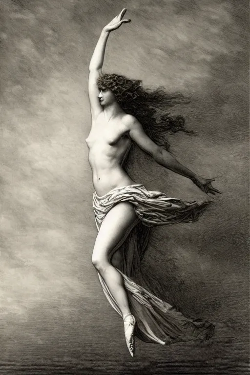 Image similar to dancer in the wind by gustave dore, light cone, reimagined by industrial light and magic