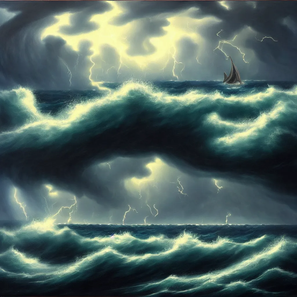 Image similar to a fantasy seascape. subject : giant dark kraken in a stormy sea with a small boat, giant waves, lightning in the background, oil painting, 4 k