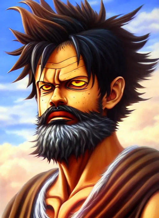 Image similar to luffy as _ fantasy _ style _ portrait _ painting _ of middle eastern male brown wavy hair beard, rpg dnd oil _ painting _ unreal _ 5 _ daz. _ rpg _ portrait _ extremely _ detailed _ artgerm _ greg _ rutkowski _ greg