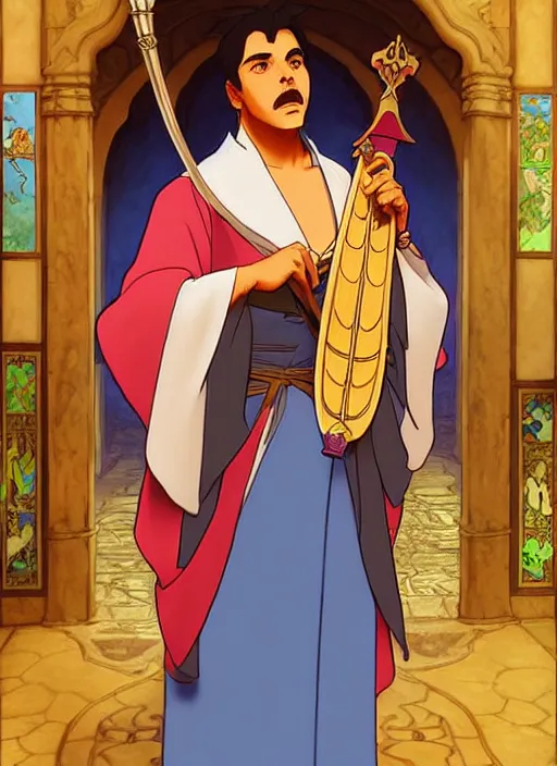 Image similar to tanned medieval diplomat wearing colourful silk robes holding lute, natural lighting, path traced, highly detailed, high quality, digital painting, by don bluth and ross tran and studio ghibli and alphonse mucha, artgerm