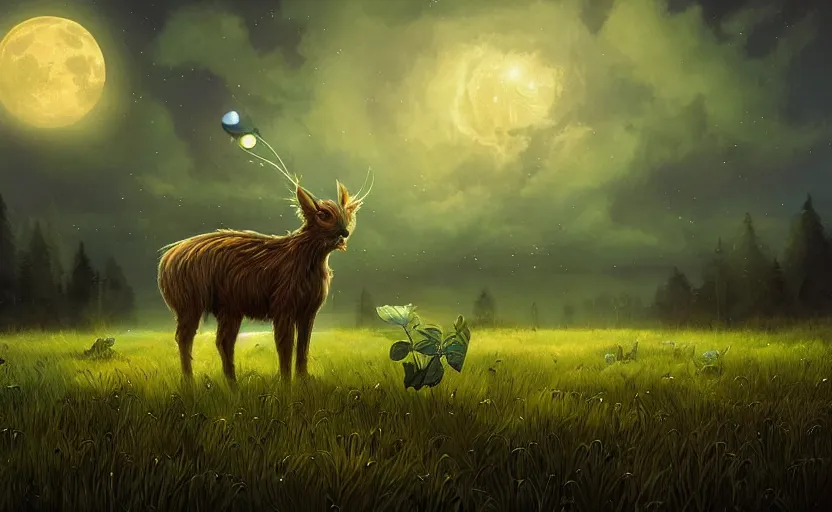 Image similar to a whimsical magical glowing creature in a field, beautiful, cool dynamic lighting, moonlight, atmospheric, cinematic, highly detailed digital art, painted by scott musgrove