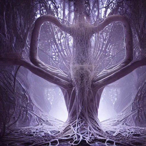 Image similar to biocomputer human organ inside a bio - neural antique lace, in a biomechanical cave forest, futuristic environment, matte painting, diffused lighting, highly detailed cinematic, atmosphere, diffused lighting, highly detailed digital art, trending on artstation, depth of field, wide angle