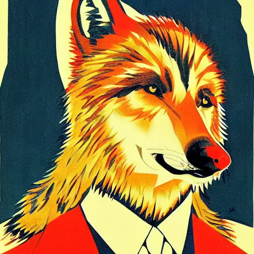 Image similar to wolf portrait, soviet propaganda poster style, populism, propaganda, lies, squint eyes