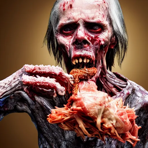 Image similar to an ultra realistic 8 k hdr photo of an elderly haggered raggedy zombie vampire eats a plate of skin and meat and blood and bones and tendons scary picture