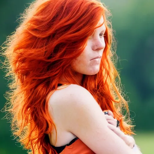 Prompt: Close up photo of the left side of the head of a redhead woman with gorgeous eyes and wavy long red hair, who looks directly at the camera. Slightly open mouth. left side of the head head visible and covers half of the frame, with a park visible in the background. 135mm nikon.