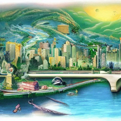 Image similar to Beautiful city of the future in harmony with nature. Nice colour scheme. Beautiful detailed painting by Lurid. (2022)