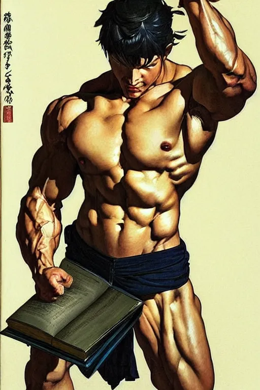 Image similar to attractive man reading book, muscular, painting by j. c. leyendecker, yoji shinkawa, katayama bokuyo