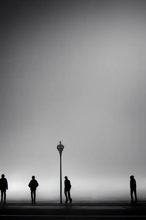 Image similar to empty urban city, foggy, silhouette in sky, floating people