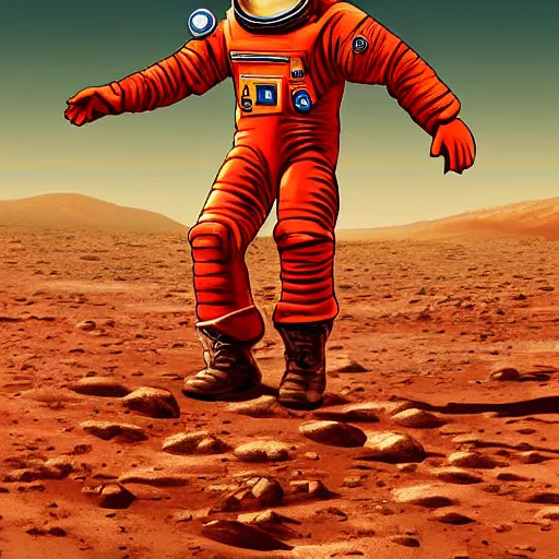 Image similar to digital art, trending on artstation, a soviet astronaut playing soccer on mars, mars landscape, cinematic, relaxing