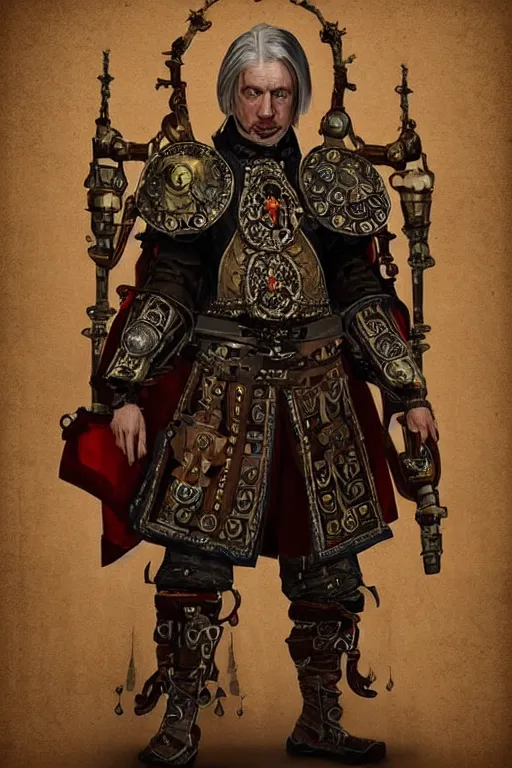 Image similar to beautiful calm bright ai generated fullbody character illustration of a very old timetraveller highpriest in ornated wooden armor and decorated sacred outfit and heavily equipped with steampunk cyberwares. rendered by machine.delusions. inspired by: @machine.delusions on instagram. Slightly reminds to boris valejho style. Fullbody portrait uncut centered cinematic, dramatic pose medieval combined with steampunk