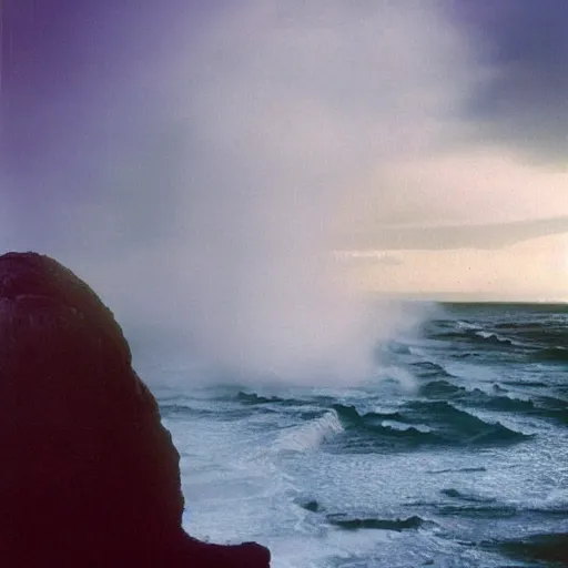 Image similar to 1 9 7 0's artistic spaghetti western movie in color, a woman in a giant billowy wide flowing waving dress made out of white smoke, standing inside a green mossy irish rocky scenic landscape, crashing waves and sea foam, volumetric lighting, backlit, moody, atmospheric