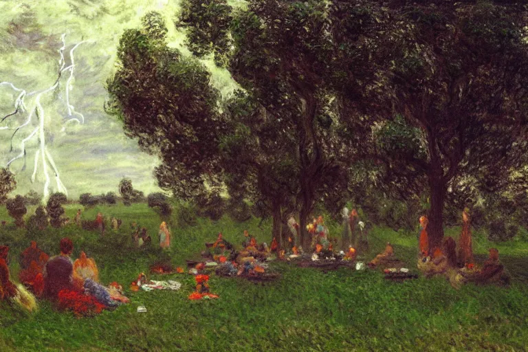 Prompt: a detailed illustration of a god ruining a picnic in the park, nightmare in the park, small crowd of people, calamity, dark storms with lightning, 8 k, art by claude monet and andreas rocha and albert bierstadt