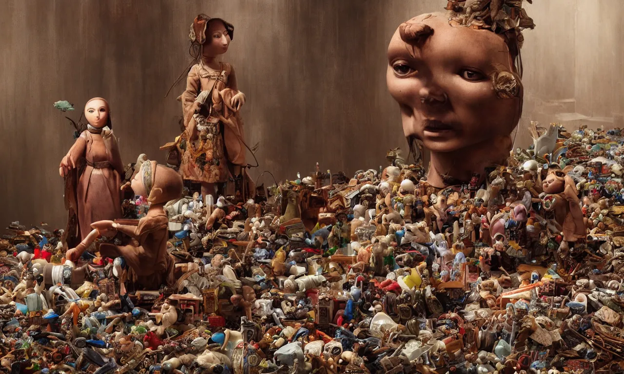 Prompt: a cinematic portrait of a beautiful female jointed wooden doll, holding each other, abandoned, surrounded by broken toys and rubbish, by James C. Christensen, by Tomasz Alen Kopera, by Raphael, 8K, rendered in Octane, cinematic, 3D, volumetric lighting, highly detailed