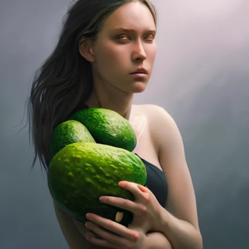 Image similar to lauren walsh lovingly cradling an avacado, fullbody, ultra high detailed, oil painting, greg rutkowski, charlie bowater, yuumei, yanjun cheng, lauren walsh, unreal 5, daz, hyperrealistic, octane render, rpg portrait, dynamic lighting, fantasy art, beautiful face