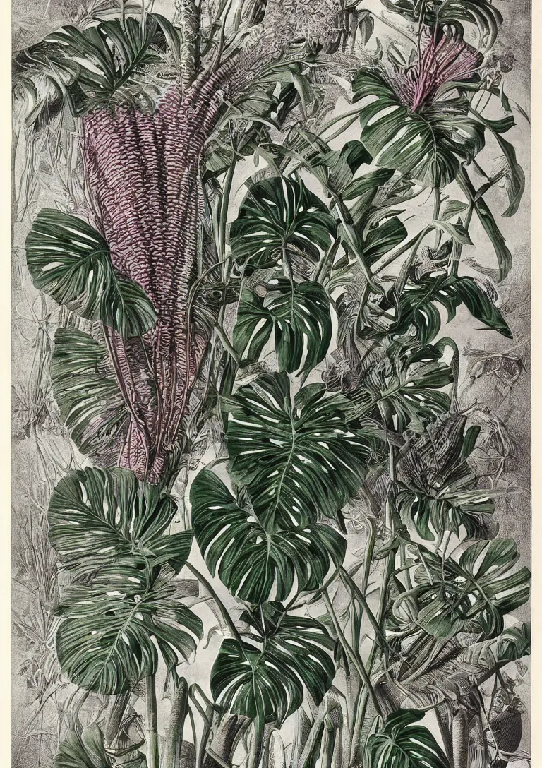 Image similar to elaborate colourful natural monstera deliciosa and zebrina alocasia illustrations by ernst haeckel of the biological world