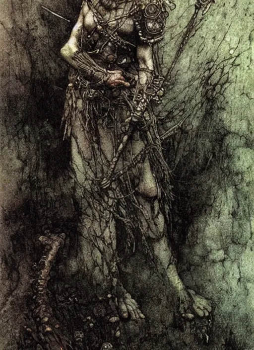 Prompt: bald barbarian girl by Beksinski and Arthur Rackham