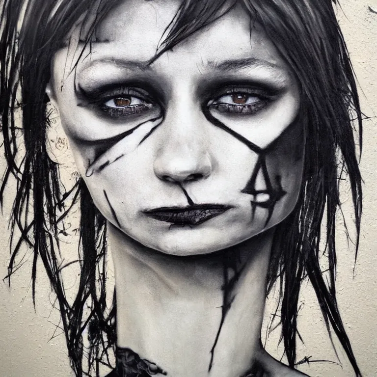 Image similar to Street-art portrait of The Girl with the Dragon Tattoo in style of Etm Cru, photorealism