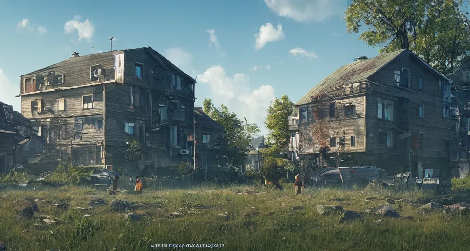 Image similar to obsolescence of home , realistic rendering, sunny day, unreal engine, 4k, hdr, high dynamic range, f12, simon stalenhag