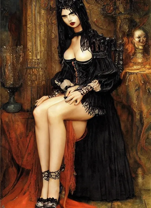 Prompt: a beautiful woman with gothic dress, adriana lima, misa amane. by rembrandt 1 6 6 7, illustration, by konstantin razumov