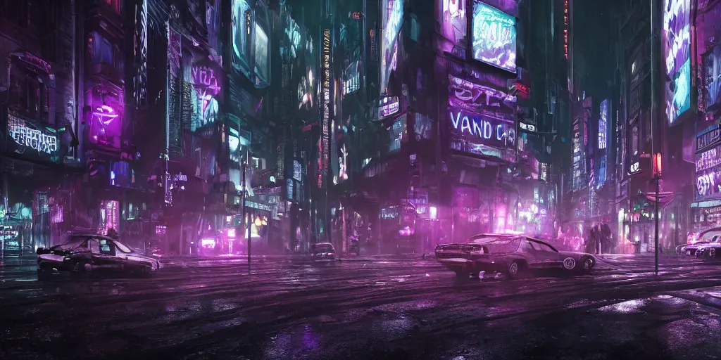 Image similar to uncanny valley, dark grotesque nocturne cyberpunk city, armed and dangerous, night, rain, purple neon lights, black, grey, white, realistic 4 k octane beautifully detailed render, 4 k post - processing, highly detailed, intricate complexity, epic composition, magical atmosphere, cinematic lighting, masterpiece, ultra hd