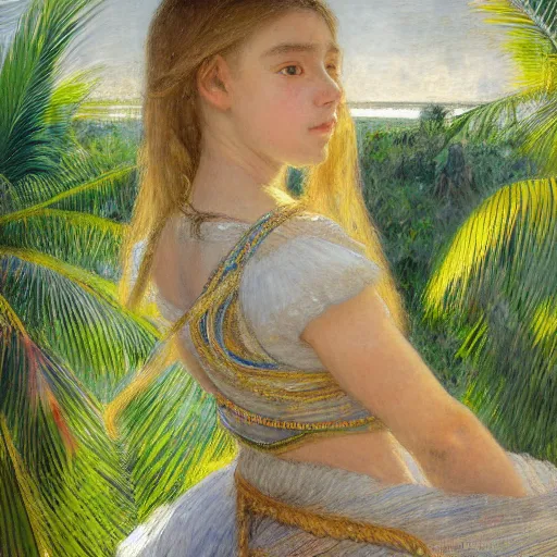 Image similar to a ultradetailed beautiful painting of a girl in the amazonas palace balustrade designed by jules bastien - lepage, hans belmer, frank weston and gustave baumann, beach, trending on artstation, mediterranean, palm trees, refracted color sparkles, sharp focus, soft light, 8 k 4 k