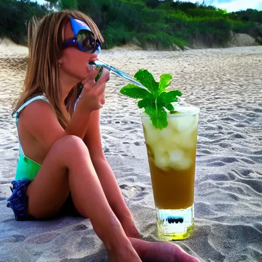 Image similar to alien drinking a mohito at the beach