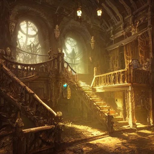 Image similar to detailed the living hall haunted house, highly detailed, illustration, fantasy art, in the style of greg rutkowski, epic, fantasy, intricate, hyper detailed, artstation, concept art, smooth, sharp focus, ray tracing