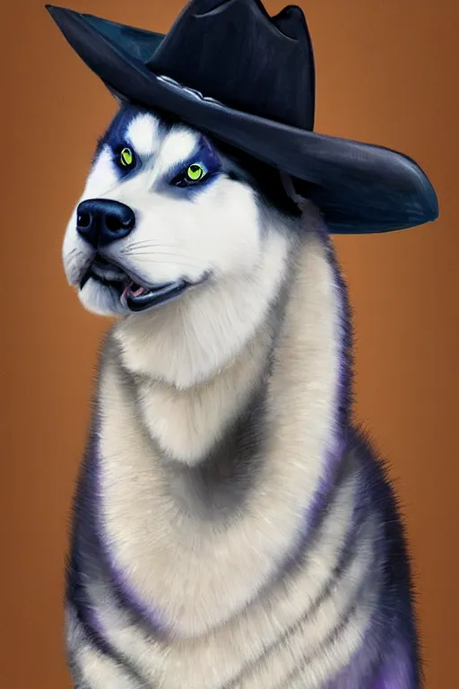 Image similar to a portrait painting of a husky in cowboy costume, wearing a cowboy hat, in the style of anime, [ western film ], humanoid, personify, anthropomorphic, trending on artstation