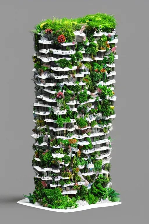 Image similar to 3 d printed physical model organic flowy including more than one city into one vertical building model that sits on a table in a room with a view back, multiple stories, with lush vegetation, colorful, 8 0 k, octane render, highly detailed 3 d render,