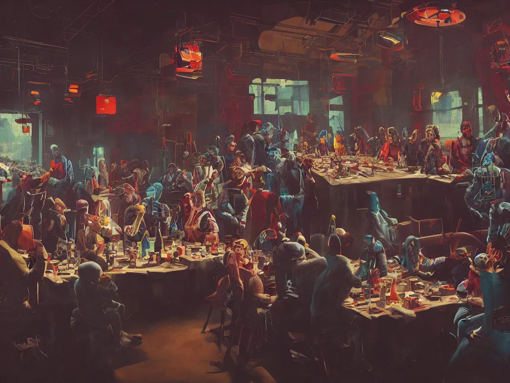 Image similar to the last supper with punks, criminals and robots in a painting from stalenhag, 4 k, 8 k, hdr, artstation, concept art