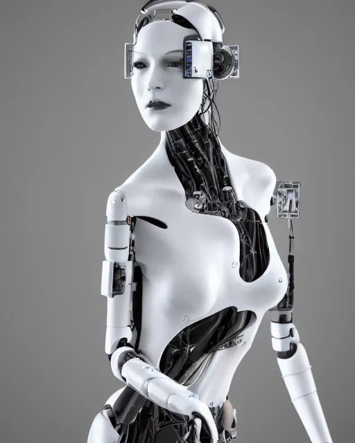 Image similar to 3 / 4 portrait photo of sensual dancer as a cyberpunk humanoid robotic head shoulder parts with straight bright led lights, inside white room, ultra - realistic and detailed, 8 k