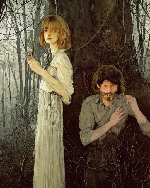 Image similar to two handsome but creepy people in layers of fear, with haunted eyes and tangled hair, 1 9 7 0 s, seventies, wallpaper, woodland a little blood, moonlight showing injuries, delicate embellishments, painterly, offset printing technique, by coby whitmore, jules bastien - lepage, john howe